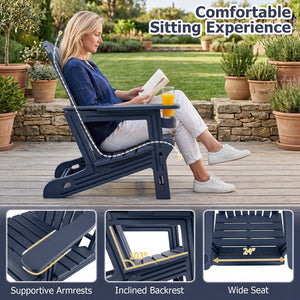 HDPE Adirondack Chair with Cup Holder and Wood-Like Texture High Back for Garden -Blue view 7