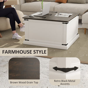 Lift Top Coffee Table with Charging Station, Square Farmhouse Center Table with Hidden Storage, Black Wood Grain