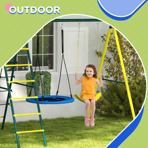 4 in 1 Swing Set for Kids with Saucer Swing, Seat, Climbing Ladder/Net, Basketball Hoop for 3-8 Years Old, Yellow
