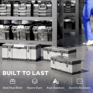 3 Pieces Tool Box Set, Stainless Steel Toolbox with Tray, Handles, Latches, Tool Case for Workshop, Garage