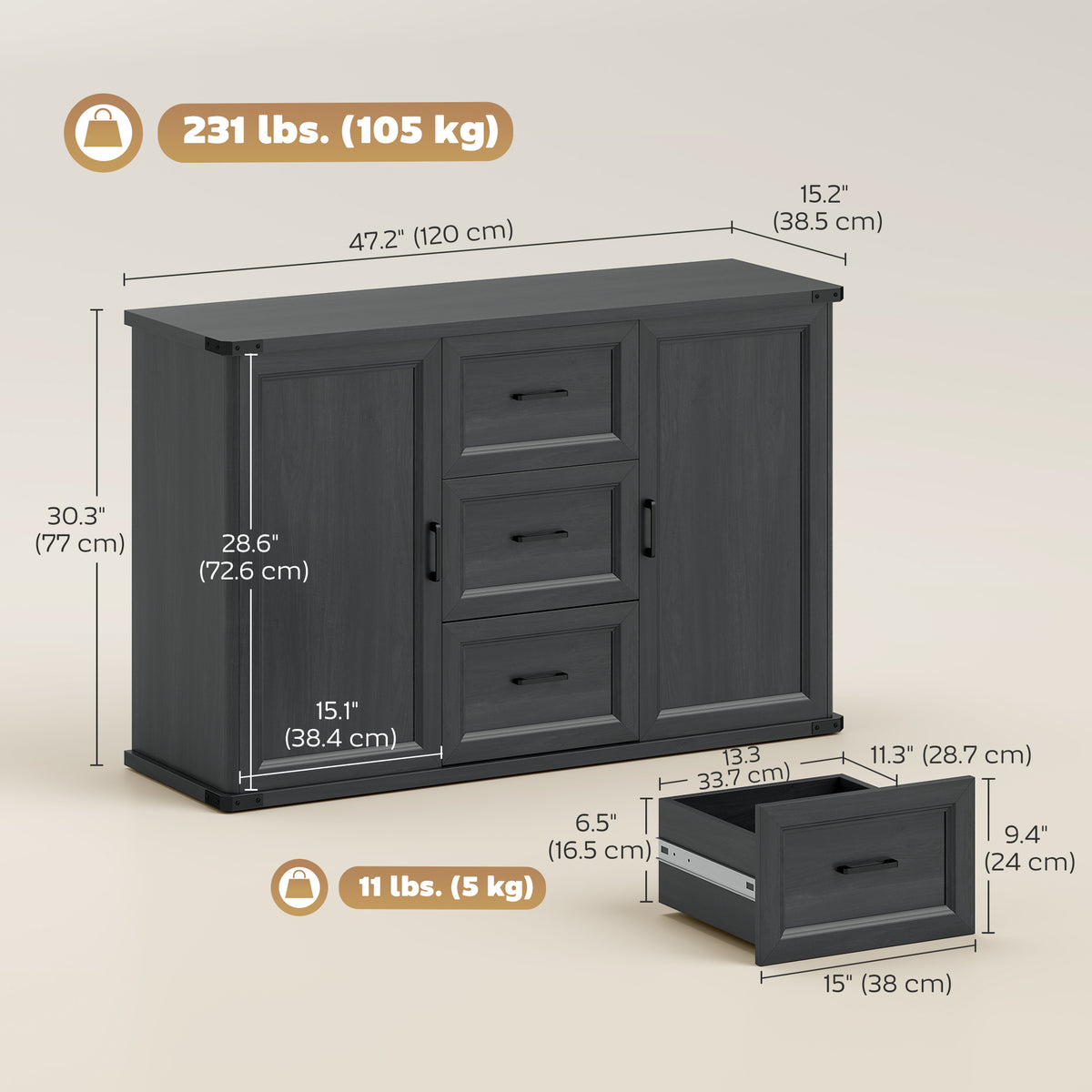 Sideboard with 3 Drawers and 2 Doors, 47" Buffet Cabinet with Adjustable Shelves for Kitchen – view 2