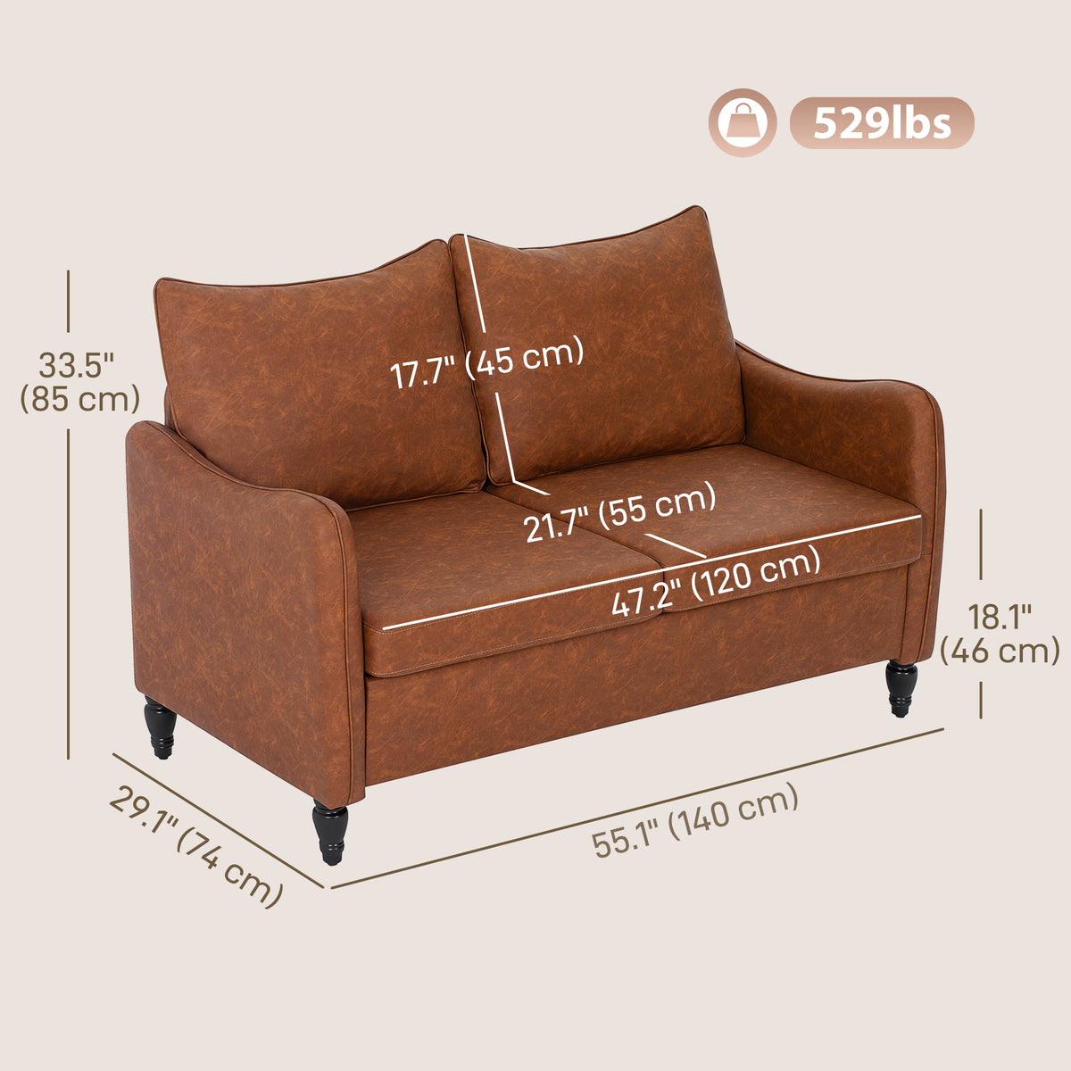 55" Loveseat Sofa, Small 2 Seater Couch with Solid Wood Legs – view 2
