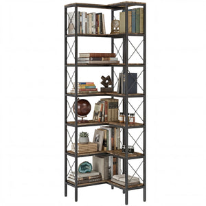 6-Tier L-Shaped Bookshelf, Freestanding Corner Bookcase with Metal Frame, Rustic Brown