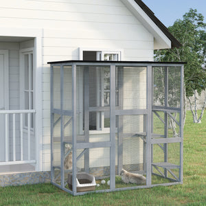 Large Outdoor Catio Enclosure, Weatherproof Cat House with Asphalt Roof, Wooden Cat Patio Cage with 6 Balanced Platforms, 71" x 39" x 71", Grey
