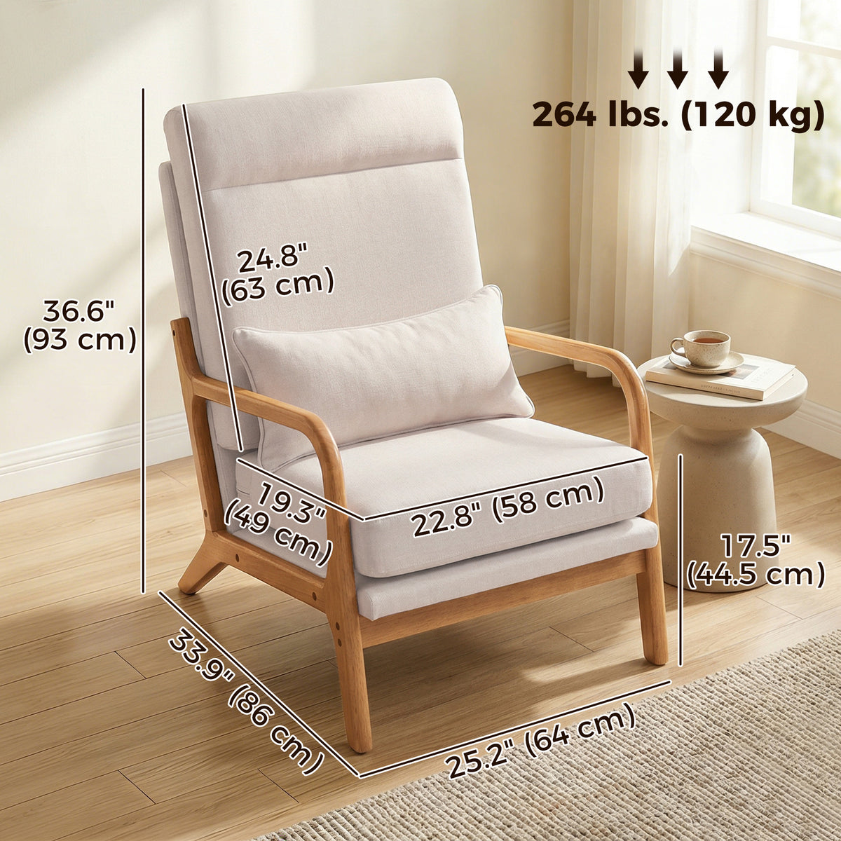 Modern Accent Chair, Linen Armchair with Lumbar Pillow, High Back, Wide Seat, Thick Cushion, Solid Wood Frame, Cream White