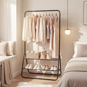 Heavy Duty Clothes Rack with Hanging Rod and Storage Shelves-Black view 6