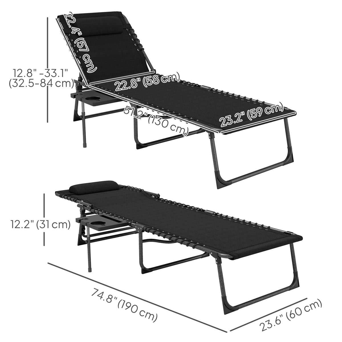 Folding Lounge Chair, Outdoor Chaise Lounge Tanning Chair with Adjustable Back, Side Table, Headrest, Black – view 2