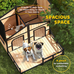 59"x64"x39" Wood Dog House Outdoor Cabin-Style Elevated Pet Shelter with Porch Deck, Beige