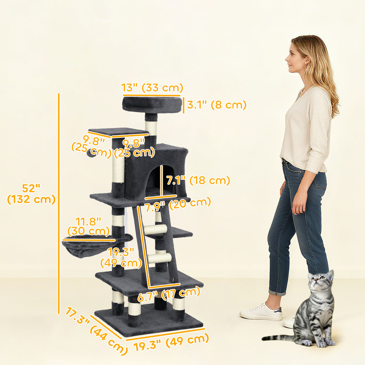 52 Inch Large Cat Tree for Indoor Cats, Dark Grey – view 2