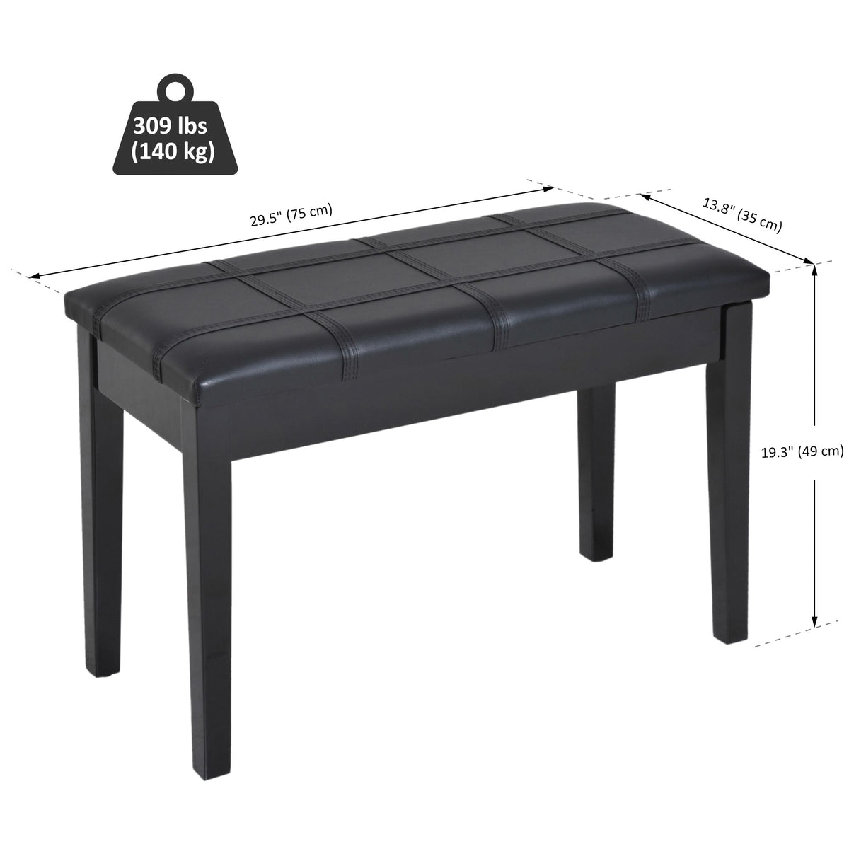 Classic Piano Bench Stool, PU Leather Padded Keyboard Seat with Rubber Wood Legs and Music Storage Compartment, Banded Seat, Black