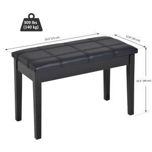Classic Piano Bench Stool, PU Leather Padded Keyboard Seat with Rubber Wood Legs and Music Storage Compartment, Banded Seat, Black