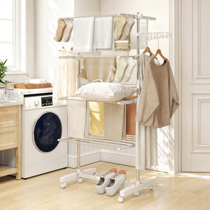 Garment Drying Rack Stainless Steel Folding Clothes Hanging Rack with Side Wings Castors for Indoor Outdoor White