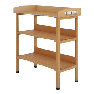 Outdoor Garden Wooden Potting Bench Work Station Table Tool Storage Shelf w/ Hooks, Natural