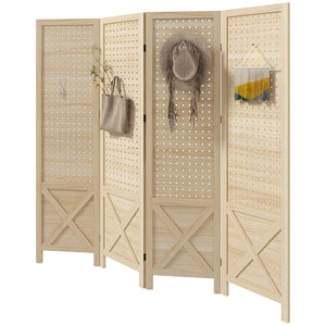 4.7' 3 Panel Wooden Room Divider with Pegboard Display, Folding Privacy Screen for Home Office, Natural – view 15
