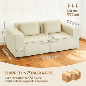 Boneless Couch, Corduroy 3 Seater Sofa with Deep Seat, Wide Armrests, 2 Pillows, Quick Assembly for Living Room, Beige