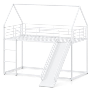 House-shaped Metal Twin Over Twin Low Bunk Bed-White