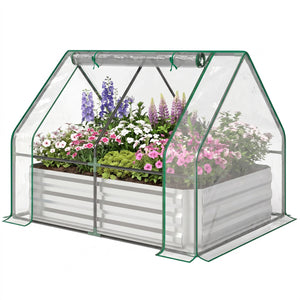Steel Outdoor Raised Garden Bed with Greenhouse,Cover, Roll Up Door, Dual Use, 50"x37.4"x36.2", Clear