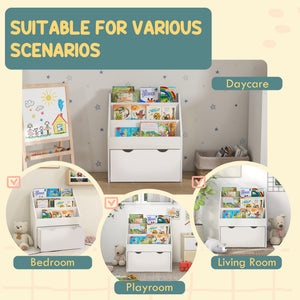 Qaba Kids Bookshelf with 3 Tier Display Shelves, Drawer for Nursery