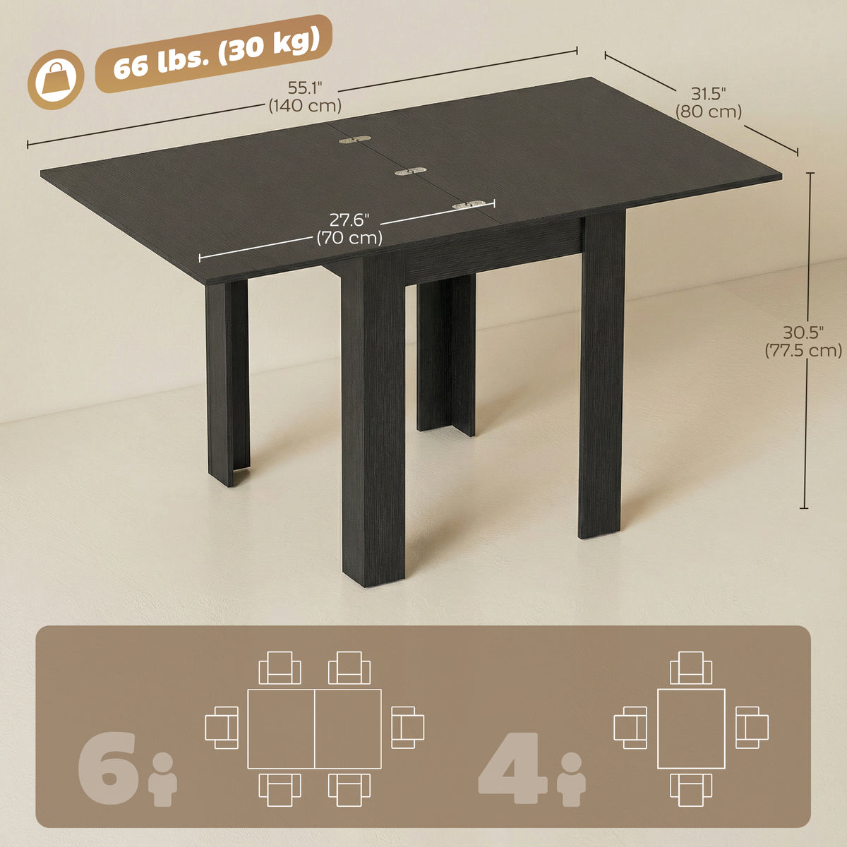 55" Extendable Dining Table for 4-6, Kitchen Table with Steel Slides and Felt Pads for Small Spaces, Black – view 2
