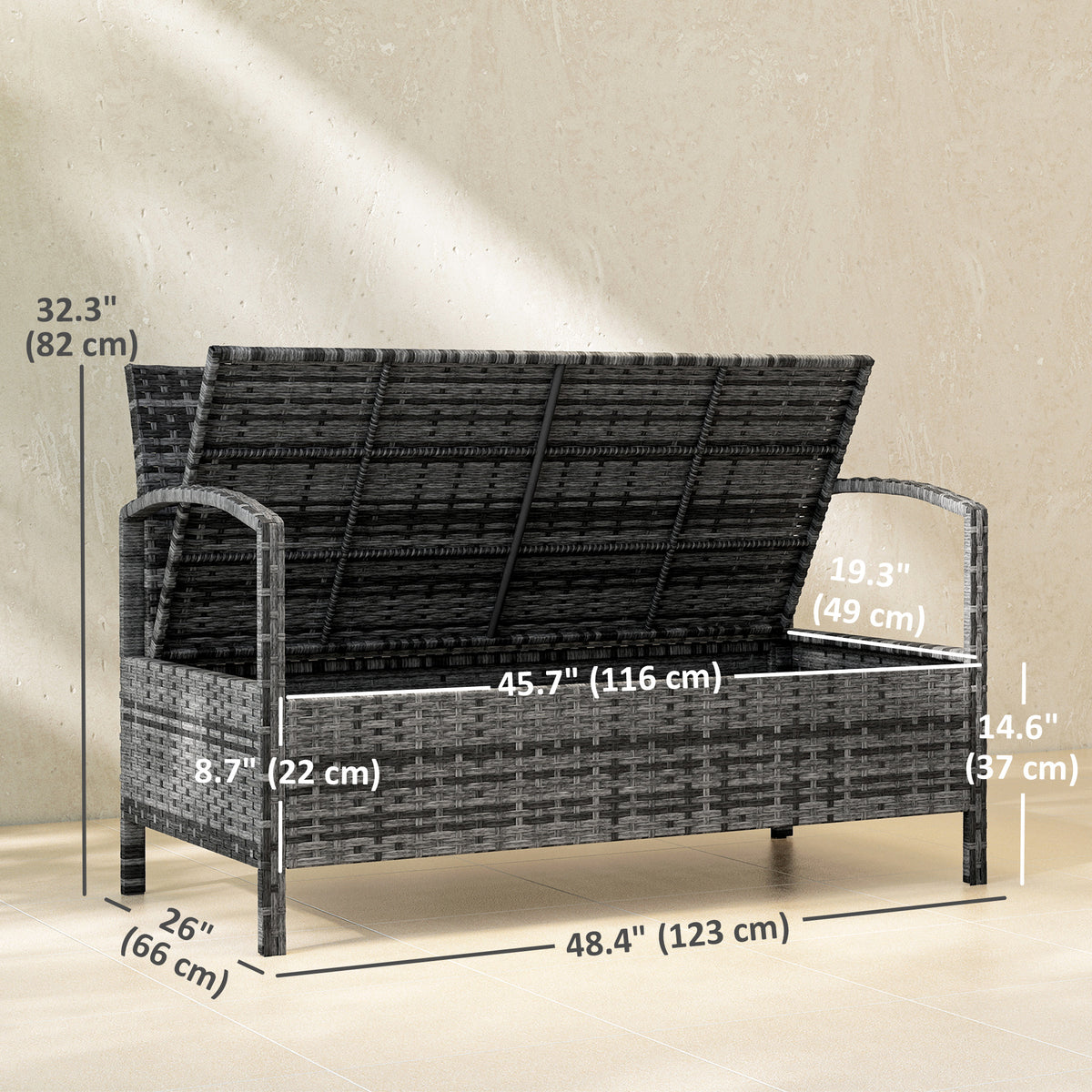 33 Gallon Outdoor Storage Bench, Wicker Deck Box Patio Bench Seat with Cushion, Grey