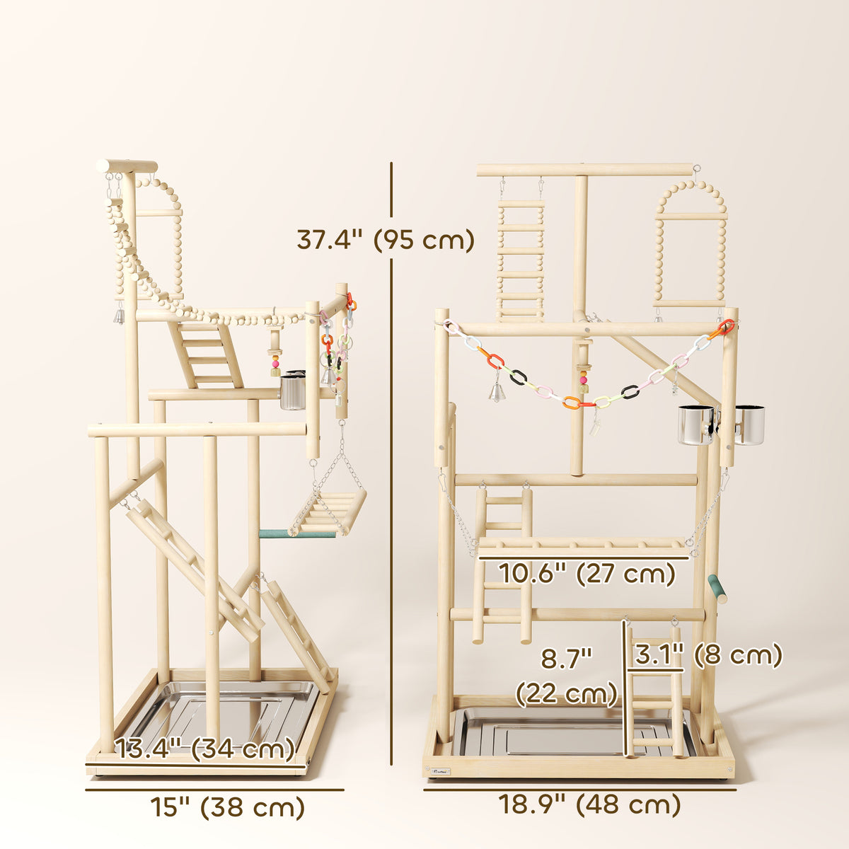 Bird Playground, 4 Layer Wooden Play Stand with Ladders, Chain Toy, Stainless Steel Cups and Tray for Small Birds