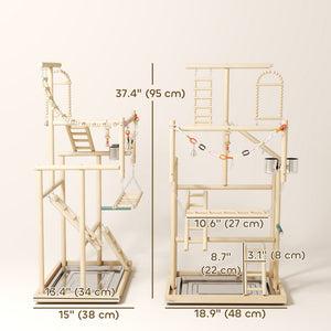 Bird Playground, 4 Layer Wooden Play Stand with Ladders, Chain Toy, Stainless Steel Cups and Tray for Small Birds