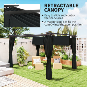 10' x 13' Pergola with Retractable Canopy and Curtains, UPF30+ Sun Shade Shelter for Grill, Garden, Backyard, Deck