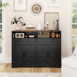 Sideboard, Buffet Cabinet with 4 Barn Doors and 3 Drawers, Coffee Bar Cabinet with Adjustable Shelves, Black – view 7