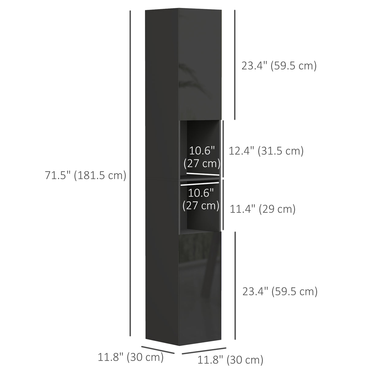 Tall Bathroom Cabinet, High Gloss Storage Cabinet with Doors and Adjustable Shelves, 11.8" x 11.8" x 71.5" – view 2