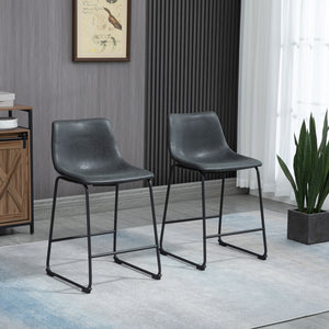 Counter Height Bar Stools Set of 2, Vintage PU Leather Bar Chairs, Kitchen Stool with Footrest, Black