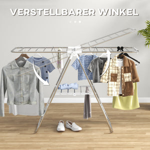 Clothes Drying Rack, 2-Tier Stainless Steel Foldable Laundry Rack with Adjustable Wings and Shoe Holders, Silver