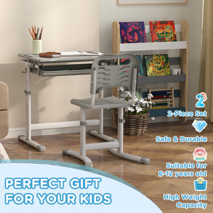Qaba Height Adjustable Study Table and Chair Set with Drawer, Pen Slot, Tiltable Desktop, Hook