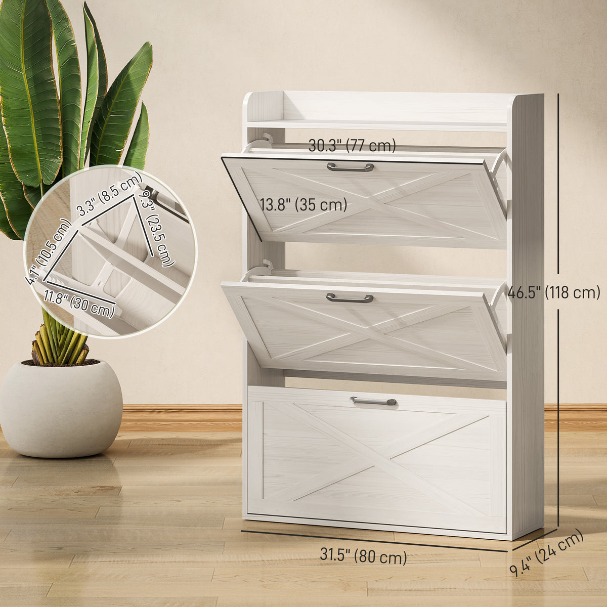 Narrow Shoe Storage Cabinet Farmhouse Shoe Cabinet with 3 Flip Drawers Adjustable Shelves for Entryway White Oak