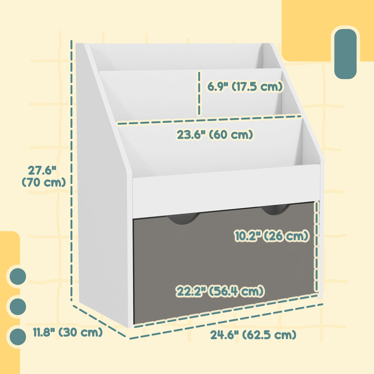 Qaba Kids Bookshelf with 3 Tier Display Shelves, Drawer for Nursery