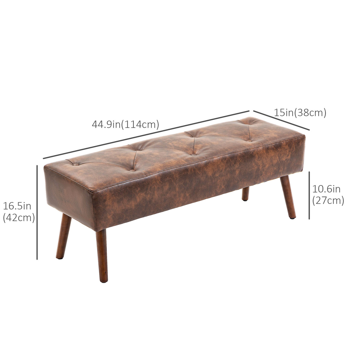 Bedroom Bench, End of Bed Bench with Button Tufted, PU Leather Upholstered Entryway Bench with Wood Legs, Brown