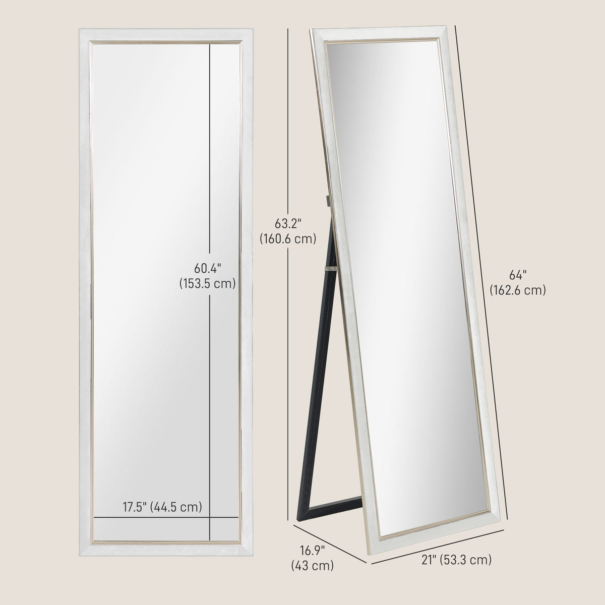 Floor Standing Mirror, Full Body Mirror, Free Standing, Leaning or Wall Mirror with Frame for Bedroom, White