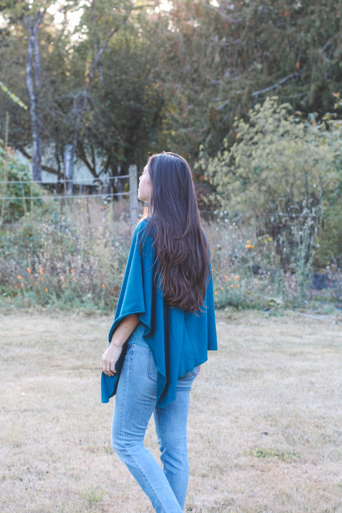Moroccan Blue Poncho with Birds Print