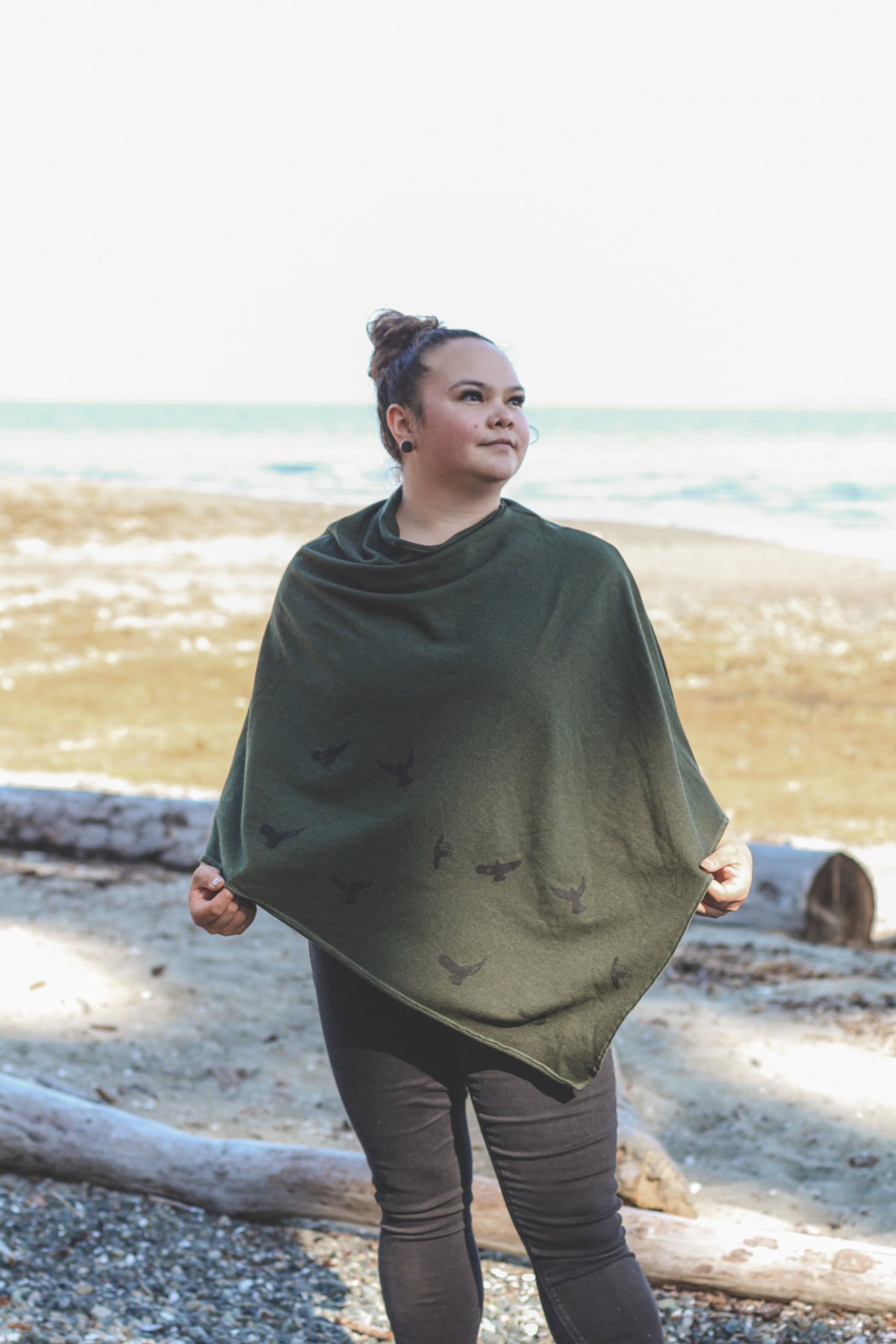 Forest Green Poncho with Birds Print