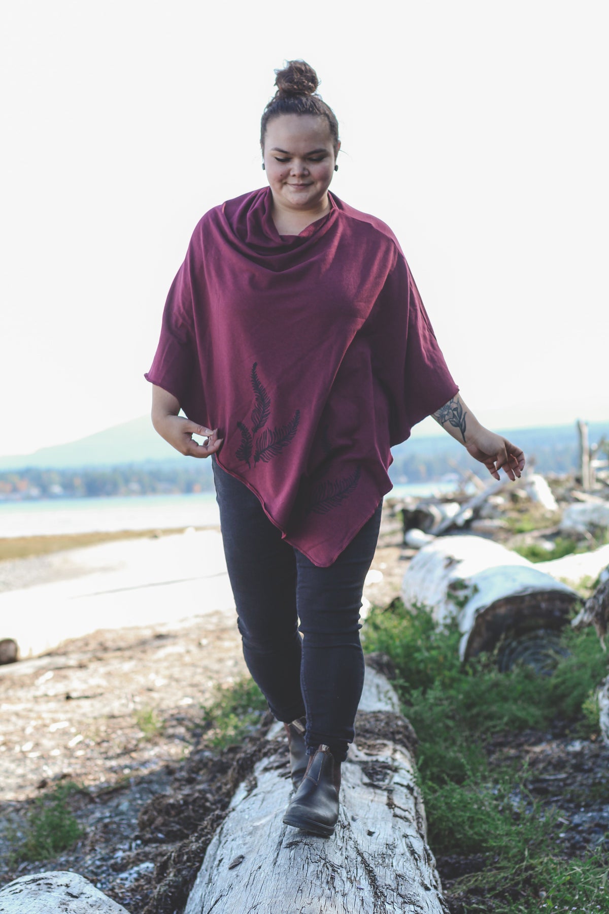 Merlot Poncho with Fern Print
