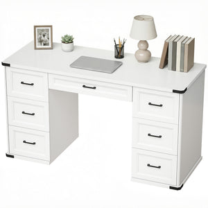 55" Computer Desk with 7 Drawers, Farmhouse Executive Desk for Home Office, Study, Bedroom, Black Wood Grain – view 8