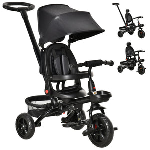 Qaba Tricycle for Toddler 5 in 1 Kids Trike, Foldable Converts Stroller to Toddler Bike, Adjustable Backrest & Curved Canopy, Detachable Guardrail & Handle for 1-5 Years Old