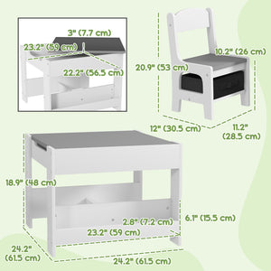 Qaba 3 Piece Kids Table and Chair Set with Reversible Tabletop, Blackboard, Storage, Bookshelf, for Playroom, Nursery