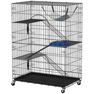 4-Tier Cat Cage, Large Cat Enclosure with Lockable Wheels, Tray, Hammock, Bed, 3 Ramp, 3 Platforms for 3-5 Kittens