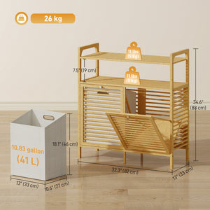 Tilt Out Laundry Hamper, Bamboo Laundry Cabinet with 2 Removable Baskets and 2-Tier Shelves for Laundry Room, Natural