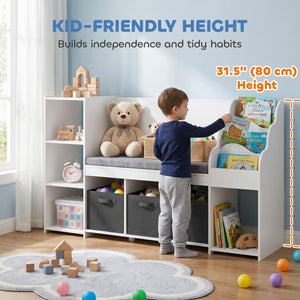 Qaba Kids Storage Shelf with Reading Nook, Toy Storage Organizer with Seat Cushion, 3 Fabric Drawers for Playroom, Nursery