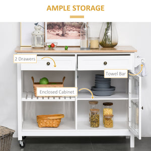 Kitchen Cart on Wheels, Utility Storage Island with Rubber Wood Top, Towel Rack, Cabinets, Drawers, White