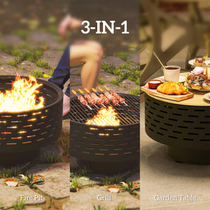 3-in-1 Fire Pit Φ23.8" x 15.4" Outdoor Fire Bowl with Grill Grate, Wood-Effect Fire Basket