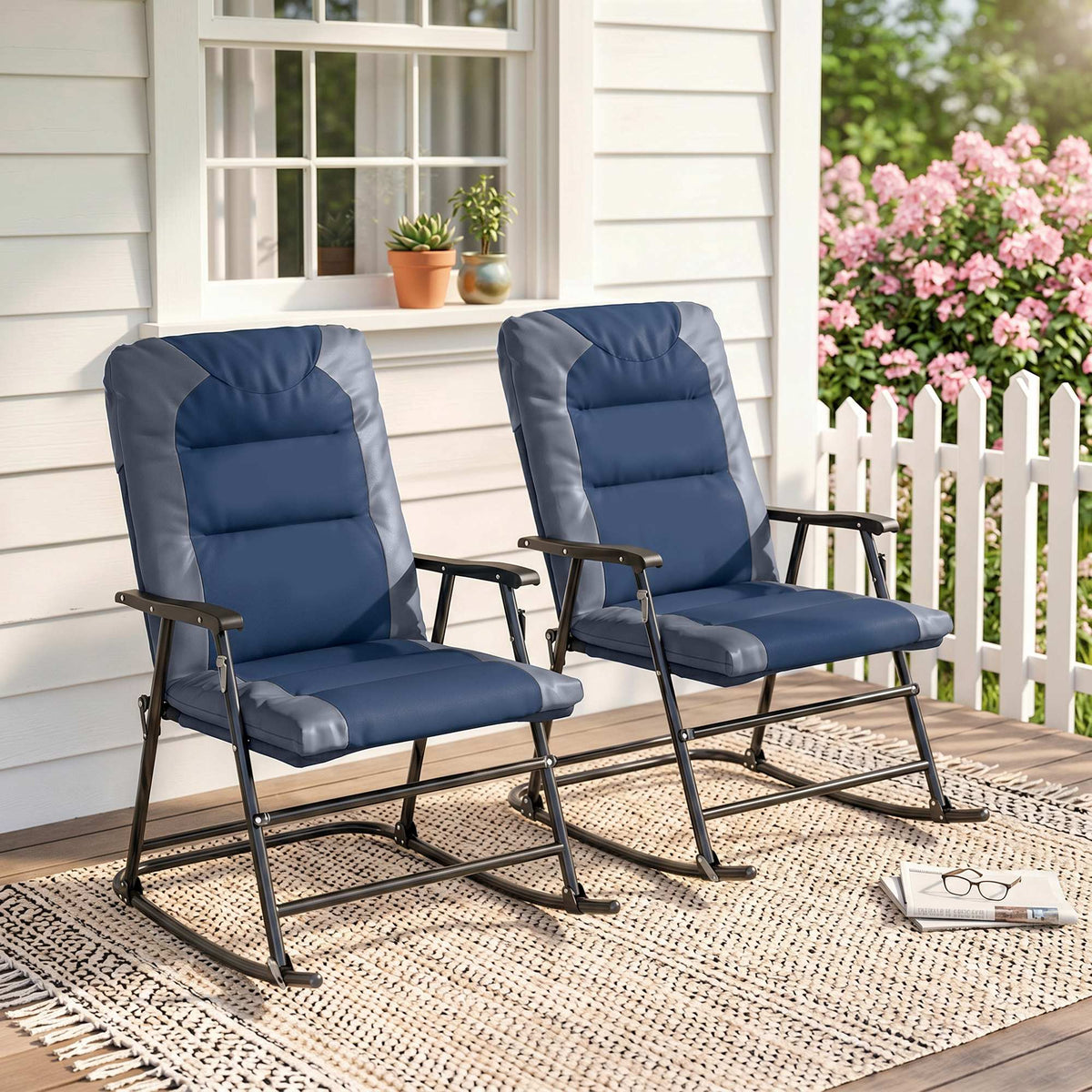 Folding Rocking Chair Set of 2 Padded Rockers with Armrest, Navy Blue – view 2