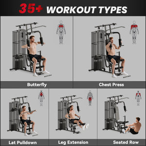 Soozier Home Gym, Multifunction Gym Equipment Workout Station with 100Lbs Weight Stack for Lat Pulldown, Leg Extensions, Preacher Bicep Curls, Triceps Pulldowns, Chest Press, Black