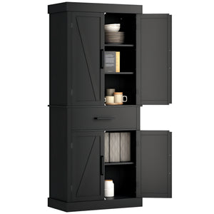 72" Kitchen Storage Cabinet, Farmhouse Kitchen Pantry Cabinet with 4 Barn Doors, Drawer